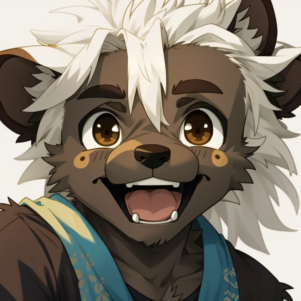 male, anthropology, hairy, hyena, White hair, Brown eyes, No underwear, Easy masterpiece，Solitary，Cartoon Character，child，Close-up of face，laughing out loud