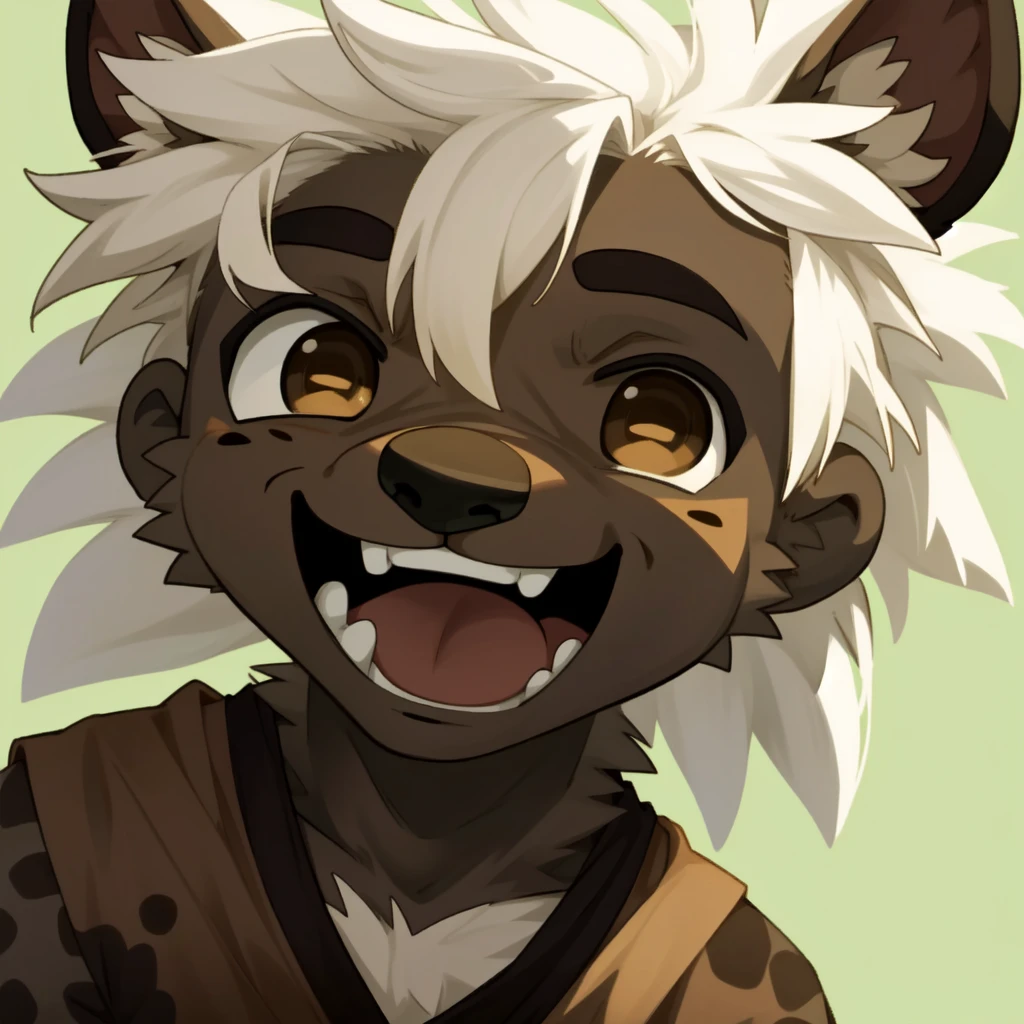 male, anthropology, hairy, hyena, White hair, Brown eyes, No underwear, Easy masterpiece,Solitary,Cartoon Character,child,Close-up of face,laughing out loud