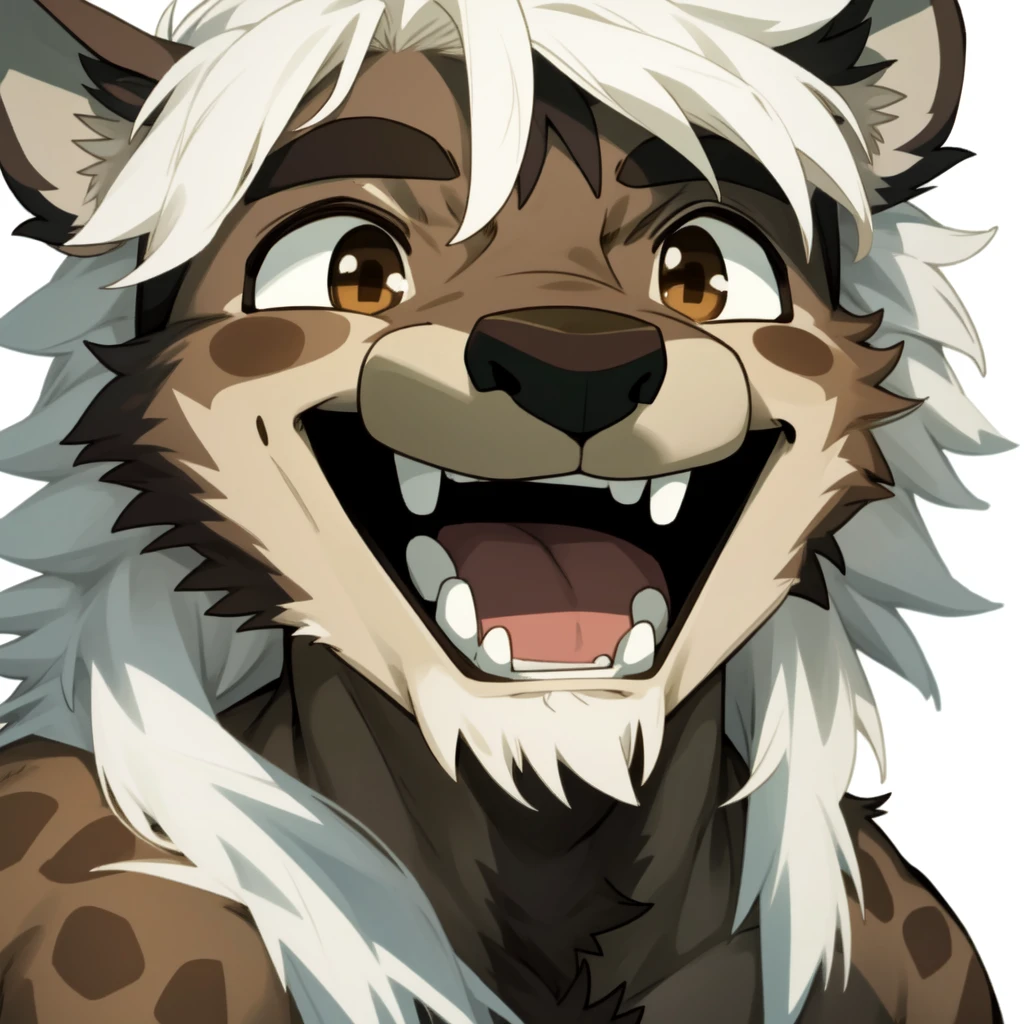 male, anthropology, hairy, hyena, White hair, Brown eyes, No underwear, Easy masterpiece,Solitary,Cartoon Character,child,Close-up of face,laughing out loud