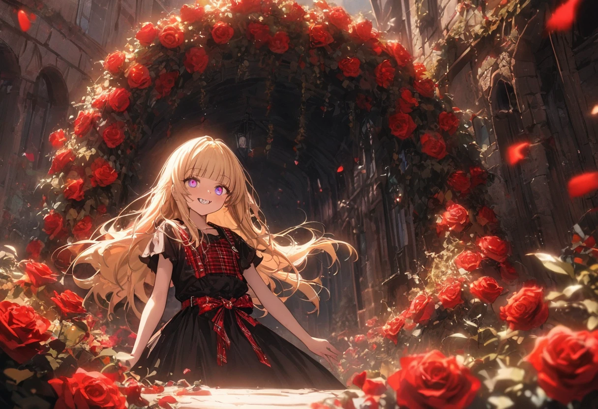 ((Masterpiece)), ((best quality)), (super detail:1.2),(High Definition:1.3), (Professional Photography:1.2), (very aesthetic:1.2), (absurdres:1.2), (wide shot), cinematic lighting, (sharp focus), (perfect light), ((1girl)), (Rough sketch:1.4), (()), (❤️🖤💗💔), cute young Girl, Glossy unruly hair, (loose blunt bangs), blonde hair with red mesh, (red mesh hair), long hair, big eyes, (long eyelashes), ((jagged teeth)), colorful eyes, (Unfocused eyes), blush, ((naughty smile)), open mouth, ribbon belt, joy, (cute Plaid tanktop), barearms, ((Extend arms straight ahead)), (colorful:1.3), gothic makeup, Wall with graffiti of roses, 👄, ((against in beautiful Fantastic garden)), (red roses garden), gothic artstyle, ((obscurity atmosphere)),