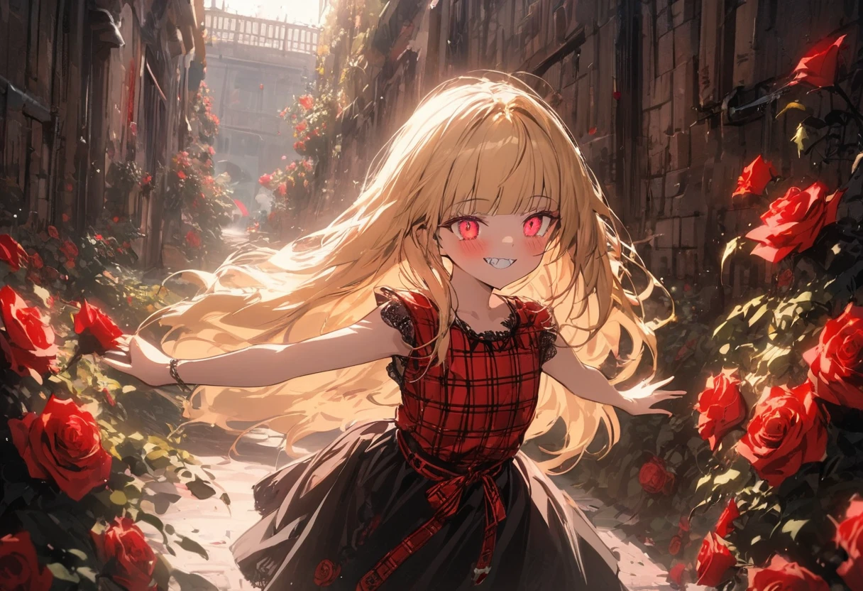 ((Masterpiece)), ((best quality)), (super detail:1.2),(High Definition:1.3), (Professional Photography:1.2), (very aesthetic:1.2), (absurdres:1.2), (wide shot), cinematic lighting, (sharp focus), (perfect light), ((1girl)), (Rough sketch:1.4), ((12 years old)), (❤️🖤💗💔), cute young Girl, Glossy unruly hair, (loose blunt bangs), blonde hair with red mesh, (red mesh hair), long hair, big eyes, (long eyelashes), ((jagged teeth)), colorful eyes, (Unfocused eyes), blush, ((naughty smile)), open mouth, ribbon belt, joy, (cute Plaid tanktop), barearms, ((Extend arms straight ahead)), (colorful:1.3), gothic makeup, Wall with graffiti of roses, 👄, ((against in beautiful Fantastic garden)), (red roses garden), gothic artstyle, ((obscurity atmosphere)),