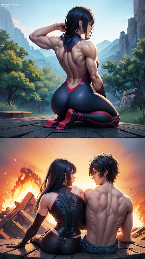 anime art of a couple hugging in front of a campfire, fofosexyrobutts, Lit from behind, Powerful girl, inspired by Masamune Shirow, lit from below, epic color illustration, side lit, highly detailed exquisite fanart, beautiful comic art, sww version, inspired by Rob Liefeld, commission for high resolution, Cammy, the woman is tall and muscular, mulher extremely muscular, extremely muscular,