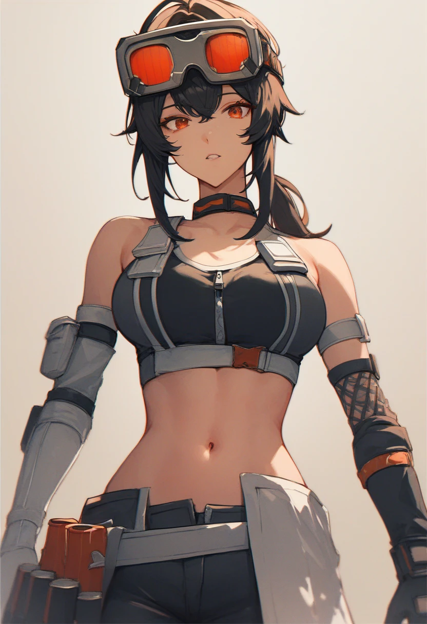 score_9, score_8, score_8_up, gracehd-ponyxl, 1girl, bare shoulders, black choker, black gloves, white gloves, black pants, black sports bra, elbow gloves, goggles on head, looking at viewer, low ponytail, medium breasts, midriff, navel, parted lips, white gloves, zipper, belt