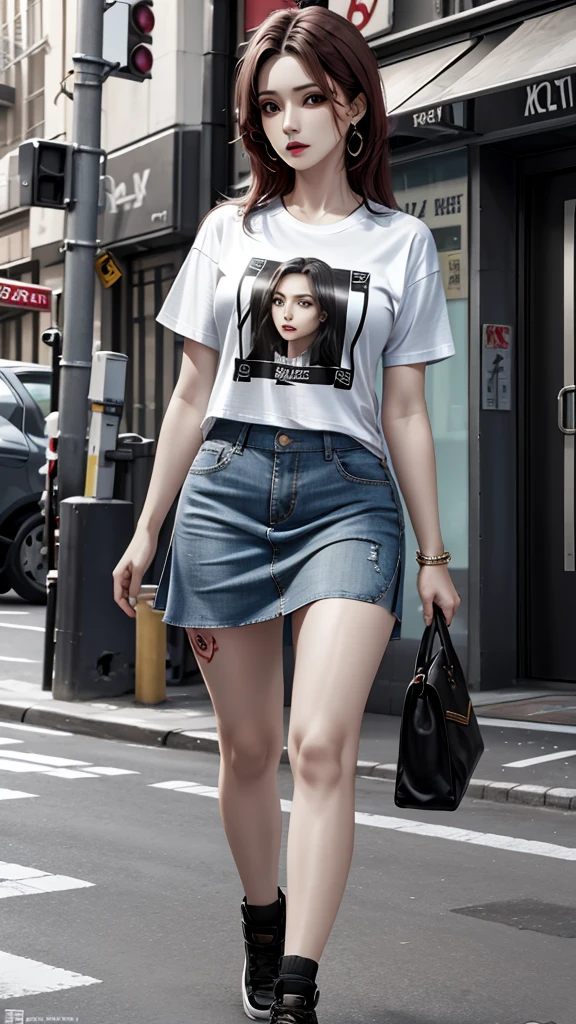 photorealistic, high resolution, 1women, mature female, solo, hips up, jewelry, tattoo, street wear, t-shirt, skirt