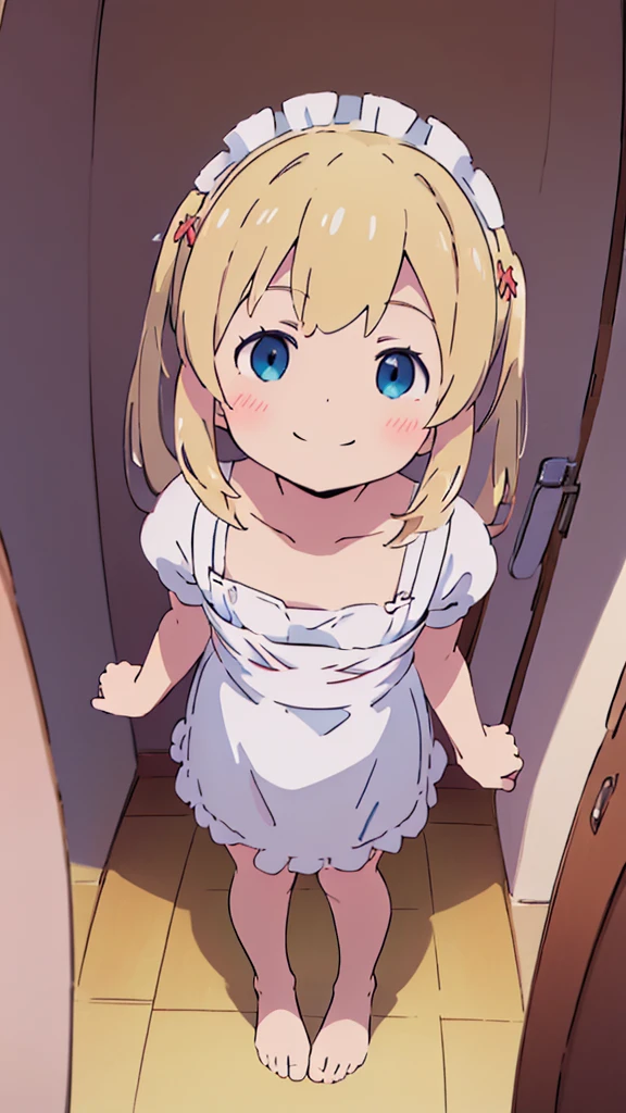 ((masterpiece))((Highest quality))girl、smile、blush、Flat Chest、Are thin、Blonde Hair、blush、Are standing、Whole body image、Even your toes are visible、Eye level on face、front、No background、真frontのアングル、Maid clothes full of frills、Twin tails、High angle、Fisheye Lens