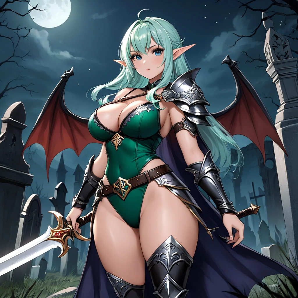 score_9, score_8_up, score_7_up, score_6_up, 1girl, busty elf warrior, warpaint, horror fantasy world, huge ((sword over shoulder)), busty, small waist, wide hips, from front, graveyard, cleavage, nighttime, dragon in the background