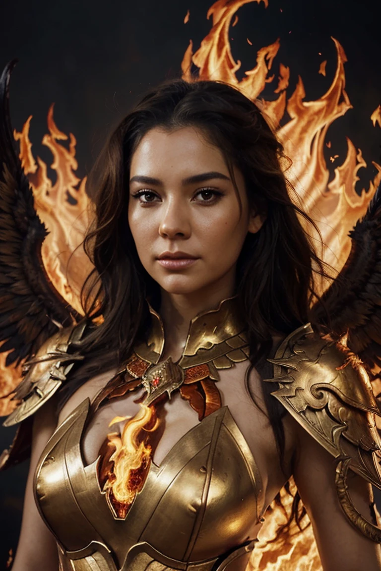 Close-up of a woman with fire and flames on her body, with fiery golden wings of flame, with fiery golden wings, epic fantasy art style, conceptual art | Artgerm, Phoenix Warrior, extremely detailed Artgerm, Epic fantasy in digital art style, woman lord of change, full portrait of an elementalist, epic exquisite character art
