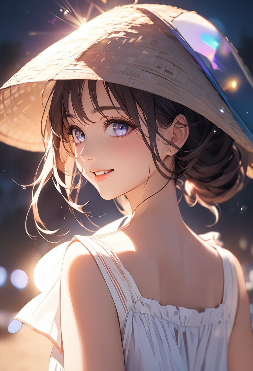(masterpiece:1.5),(Beat quality),(high res),1girl solo,beautiful face,smile(shining eyes),upper body,light effects,summer clothes women,Fan