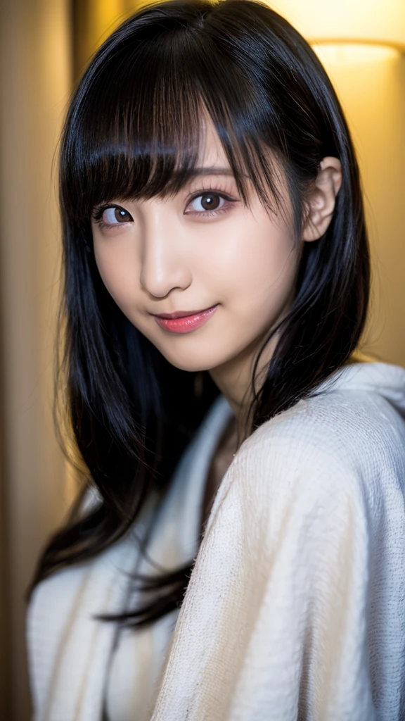 20-year-old, 8K, RAW Portrait (Japanese Girls), photo Realistic, Ultra-high resolution, Highest quality, Actual photo , dramatic, Atmospheric, Realistic,
One girl, a very beautiful Japanese Girls, Big Breasts,Glamorous shot of a girl, smile,Bobcut,Textured skin,Bathrobes,Hotel,Big and beautiful eyes,Rich, Beautifully detailed nose,View your viewers,