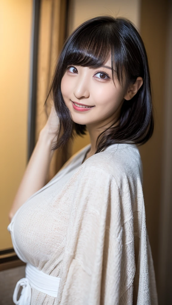 20-year-old, 8K, RAW Portrait (Japanese Girls), photo Realistic, Ultra-high resolution, Highest quality, Actual photo , dramatic, Atmospheric, Realistic,
One girl, a very beautiful Japanese Girls, Big Breasts,Glamorous shot of a girl, smile,Bobcut,Textured skin,Bathrobes,Hotel,Big and beautiful eyes,Rich, Beautifully detailed nose,View your viewers, 