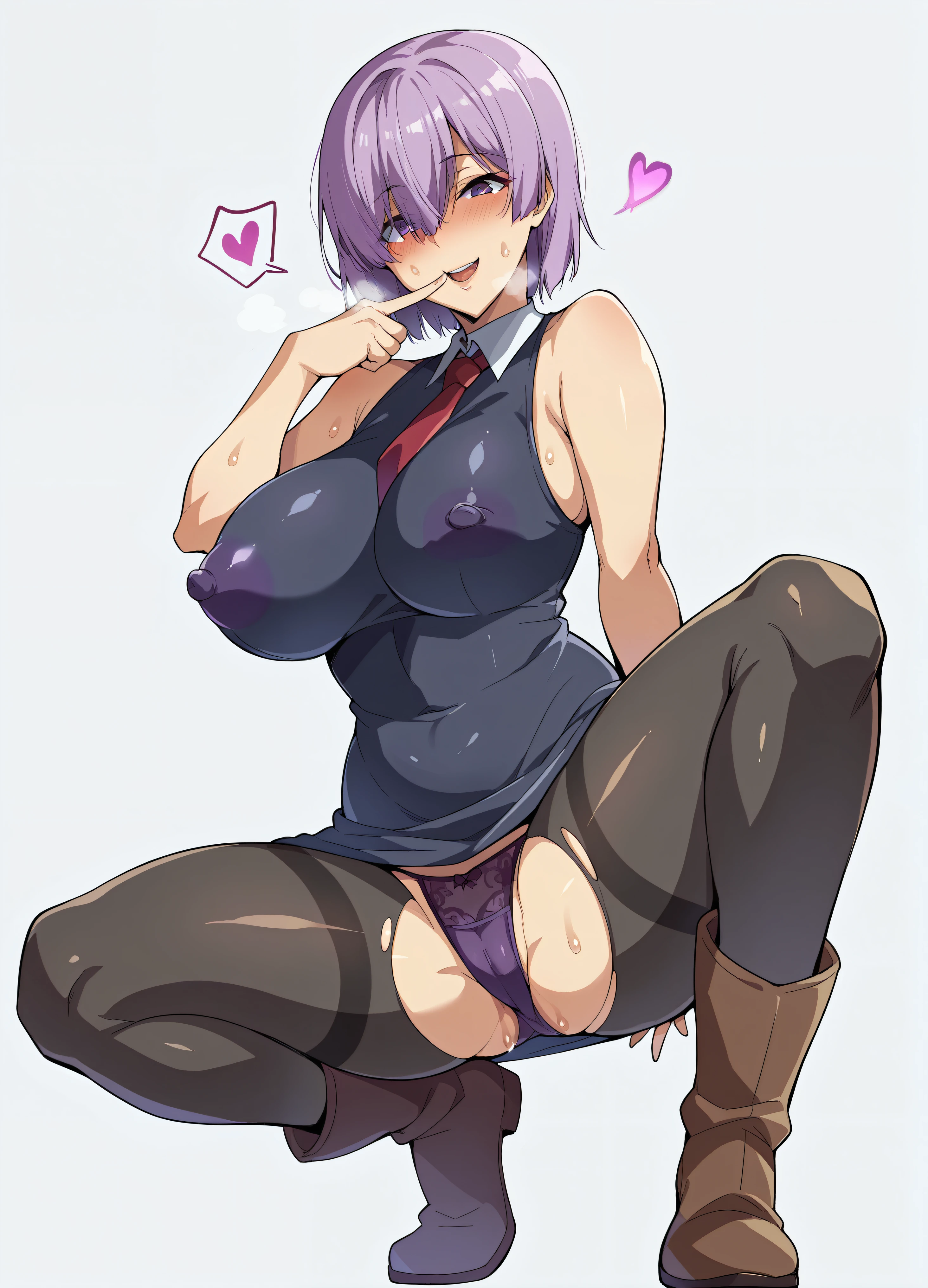 turn around、back、Ultra-detailed illustrations、Ultra-precise expression、masterpiece、Highest quality、ultra High resolution、High resolution、Hiromitsu Takeda Style、White background、Simple Background、One girl、solo、Mash Kyrielight、light purple hair,short hair,hair over one eyes、Black sleeveless dress, White collar、Red tie、Black Pantyhose、Purple panties、Brown boots、Purple eyes、Vulgar expression、smile、Open your mouth、blush、Large Breasts、Big Breasts、Erect nipples、Choker of Hearts、White Breath、Sweat、Glowing Skin、shiny skin、Angle behind、View your viewers、Place the index finger of one hand over your mouth、