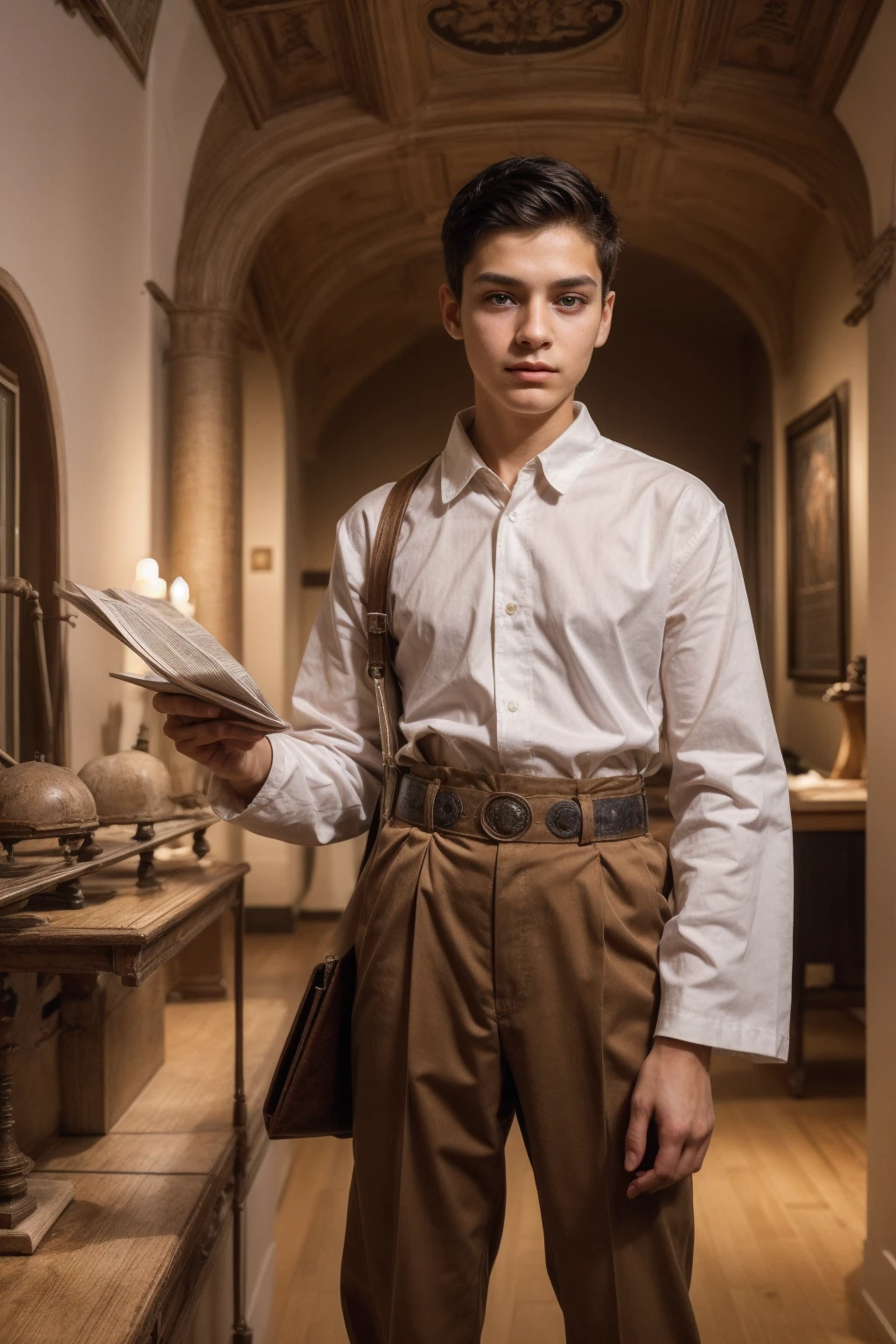 A young male twink with a make-up face and black hair. He is wearing a white long-sleeved shirt and brown pants. He is in the Museum of Medicine, with medical items behind him, and he has in his hand a long, newspaper-shaped sword with two heads.