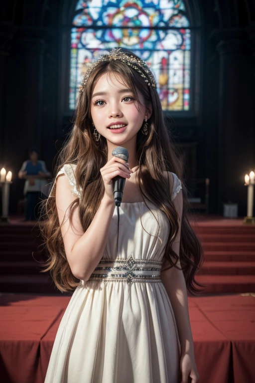  girl singing with microphone at altar in long dress, long hair, brown hair, hair flower, wide-eyed, crystal earrings, makeup, light smile, Futurism, god rays, framed, first-person view, Fujifilm, masterpiece