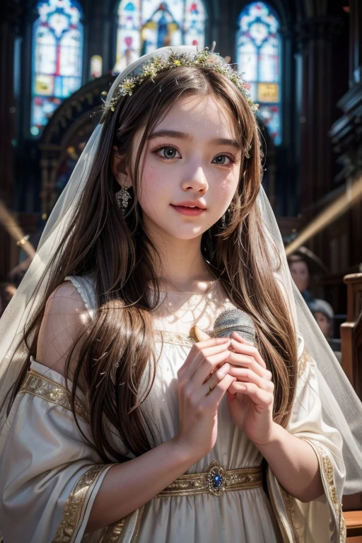 age girl singing with microphone at altar in long dress, long hair, brown hair, hair flower, wide-eyed, crystal earrings, makeup, light smile, Futurism, god rays, framed, first-person view, Fujifilm, masterpiece
