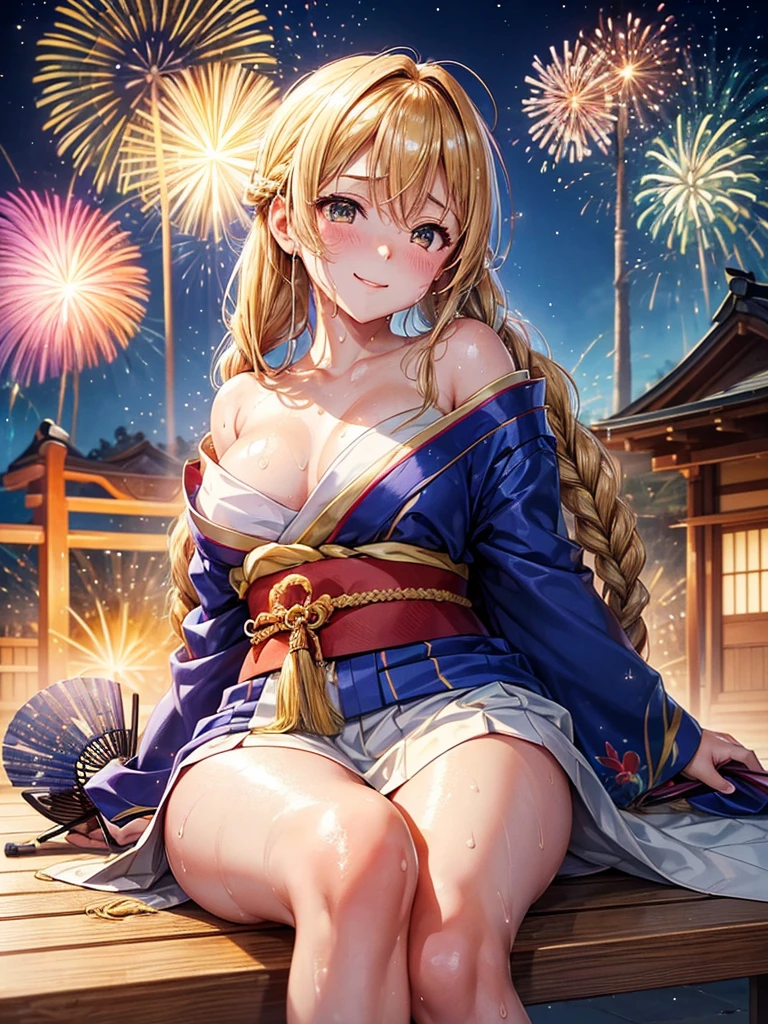 (highest quality)), ((masterpiece)), (family friendly), Perfect Face,Shiny skin,Beautiful breasts,Shiny skin、Kyoto Animation style painting、Hair、Golden Eyes、Sunburned skin、night、Braided Hair、(((firework)))、(((night)))、Sit on a bench、(((Sweat)))、
、kimono、(((Holding a fan)))、smile、Looking up at the sky、(((Leg spread)))