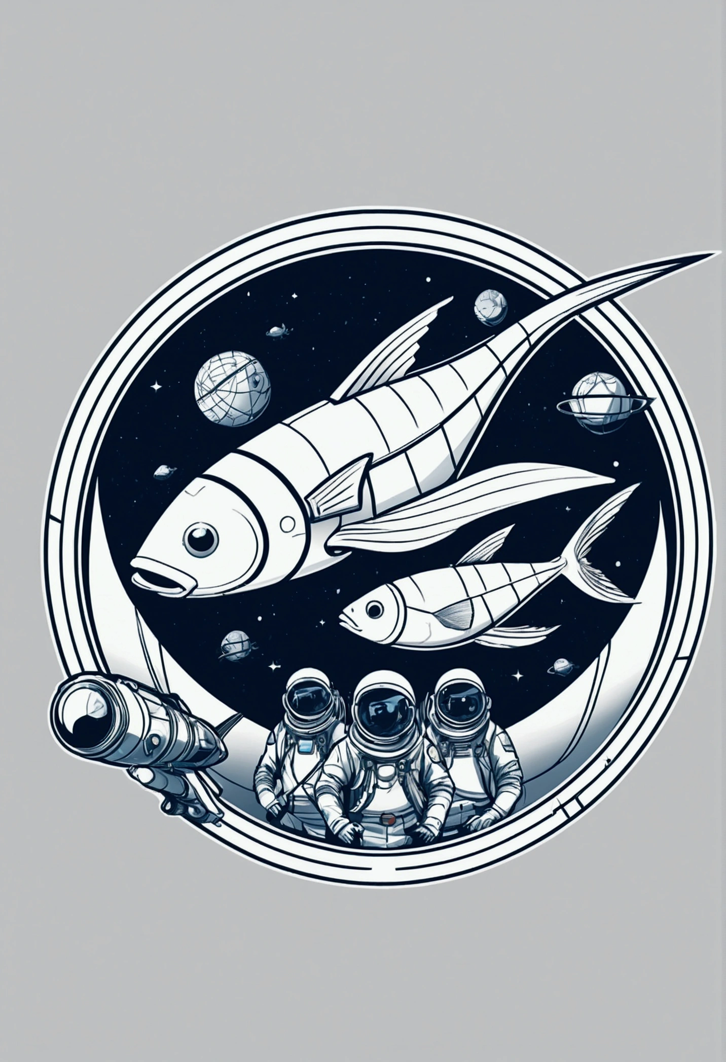 Space Station Zero, sci-fi, futuristic, group shot, space fish team, action pose, t-shirt design, anime style, cartoon, logo, vector graphic, simple and smooth, no background, circle outline