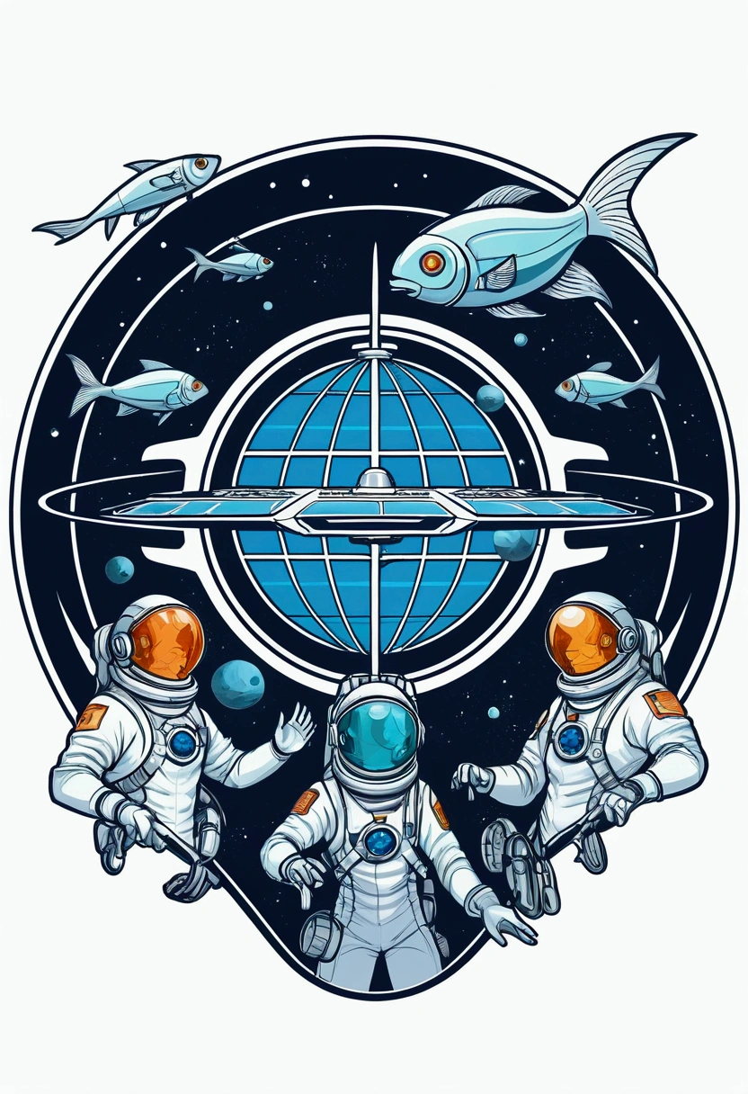 Space Station Zero, sci-fi, futuristic, group shot, space fish team, action pose, t-shirt design, anime style, cartoon, logo, vector graphic, simple and smooth, no background, circle outline