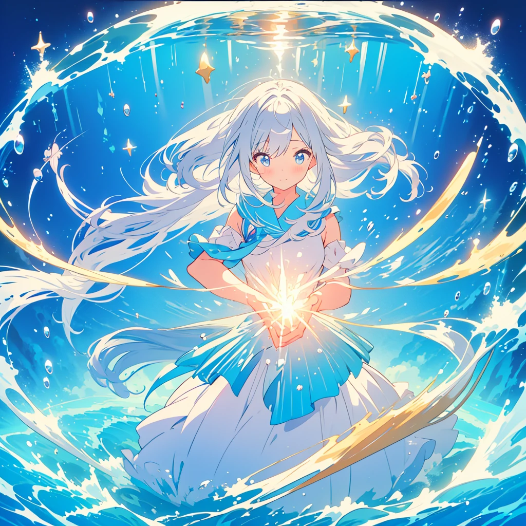 kawaii, anime, Cute, hyper quality, highly detailed, 16k, Front facing, Clarity, full body, one twenty year old woman, long dress, Shining long silver hair, lapis lazuli eyes, Pose with movement, countless bubbles, wrapped in bubbles, light shines in, underwater, Fantastic, particles of light, twist your body, vivid sea, sea swell, In the bright sea, Uplifting, Bubbles of various sizes, Colorful light, Clearly depict facial expressions, sink into the sea, The background is a view of the deep sea, richly colored light, The bottom of the sea,