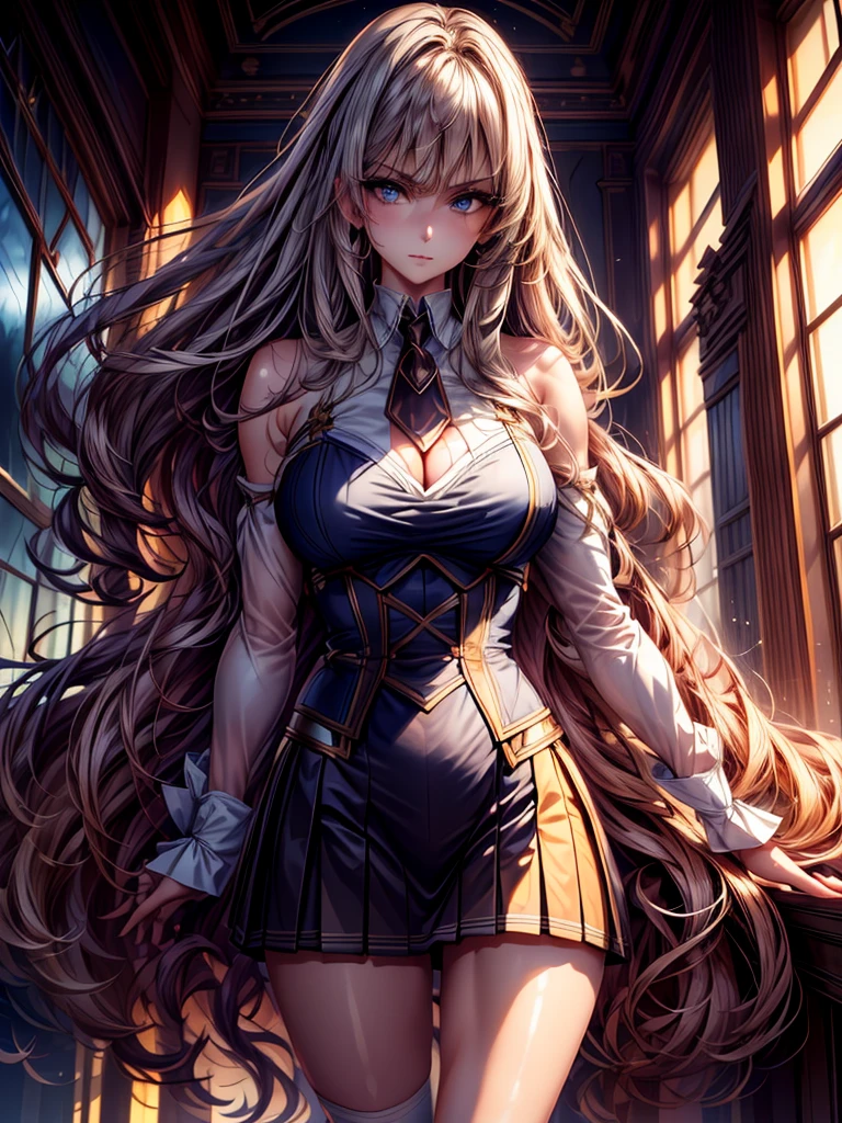 (masterpiece:1.3, Highest quality, Ultra-high resolution, Super detailed), (Realistic, photoRealistic:1.4), Beautiful illustrations, Perfect lighting, Natural light, Depth of written boundary, , 
Beautiful detailed hair, Beautifully detailed face, Beautiful attention to detail, Beautiful clavicle, Beautiful body, Beautiful breasts, Beautiful thighs, Beautiful feet, Beautiful Hands, 
View your viewers, (Face Focus), 1 Girl, high school girl, Alisa Kujou, (Perfect Anatomy, Anatomically correct), Cute and symmetrical face, Baby Face, Perfect Face, Perfect Eyes, Shiny skin, 
(Long Hair, Straight hair, Sideburns, Silver Hair), Crossed bangs, Ahoge, blue eyes, Slanted Eyes, Long eyelashes, (Medium chest, Captivating thighs), thin, Excellent style, 
(school uniform, Long sleeve light brown blazer, Grey vest, Grey pleated skirt with white lines, White collared shirt, White thigh-high socks with gold lines), Red bow tie, 
(Beautiful views), evening, (School classroom:1.2), (Cute smile, Part your lips), 