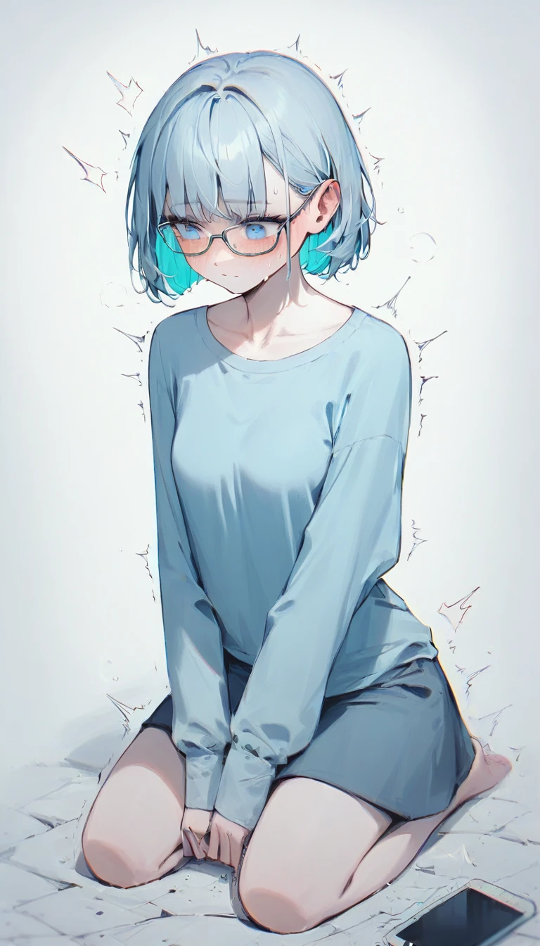 ((Bob hair with a bluish silver tint))) Square framed glasses, (((Bright blue eyes))), (Medium chest), (Kneeling), ((Dropping her smartphone on the ground)), (Girl trembling with despair))