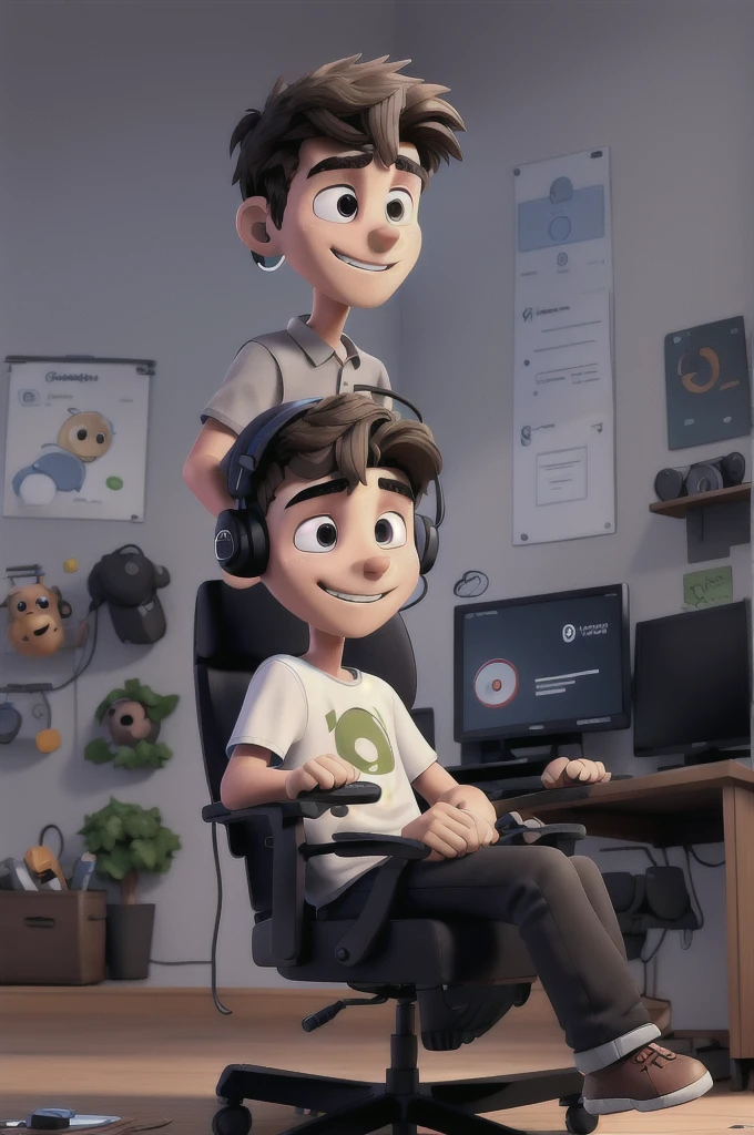Drawing of a young man in a gaming chair with a headset in his ear and a controller in his hand