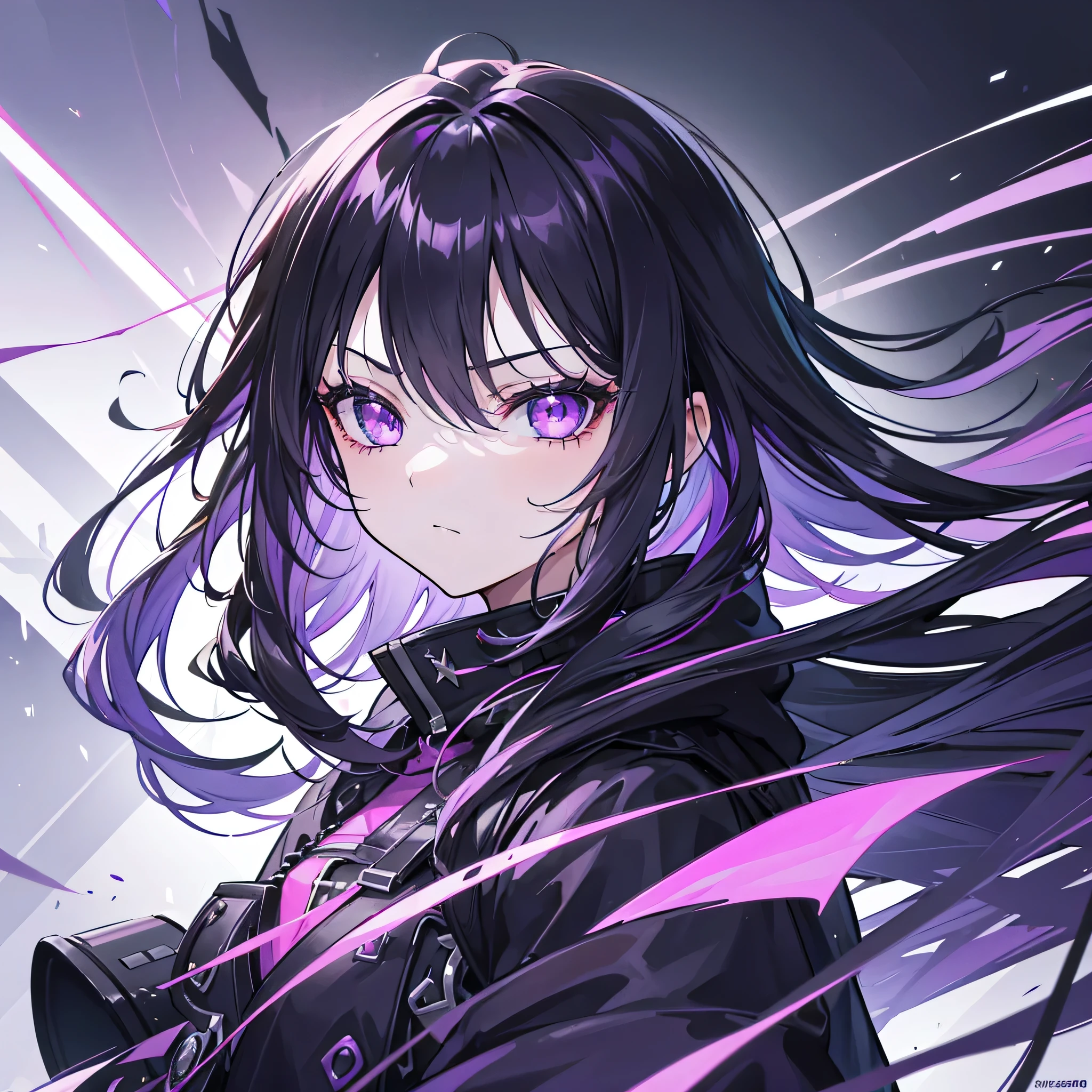 1girl, black long hair, a lot of hair, eye covering bangs, purple eyes, expressionless, glaring wearing coat, urban ruins, absurdres, high res, ultrasharp, 8K, masterpiece, purple aura, portrait,