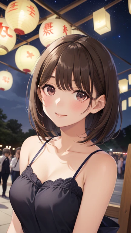 anegasaki nene、Shiny brown hair, short hair, (Beautiful brown eyes、Sparkling eyes, Fine grain)、smile、Ultra-detailed eyes、Highly detailed face, Highly detailed eyes,

Only one female, (Looking up at the night sky:1.2), (Camisole dress), 
Mature Woman, /( bangs, 赤面する優しいsmile (魅了されてShine目:1.1), (Masterpiece Top quality:1.2) Delicate illustrations, super detailed, Big Tits Blake (Floating lanterns:1.2) Shine, (The night sky filled with countless lanterns,BREAK (Outdoor Khom Loi Festival) Chiang Mai, (New Year), Crowded