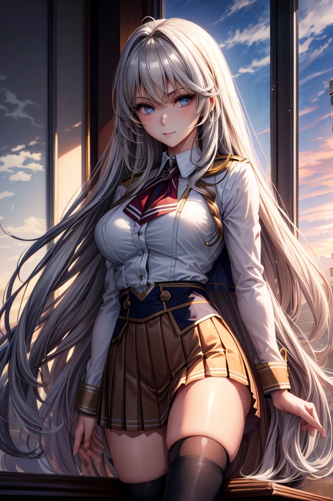 (masterpiece:1.3, Highest quality, Ultra-high resolution, Super detailed), (Realistic, photoRealistic:1.4), Beautiful illustrations, Perfect lighting, Natural light, Depth of written boundary, , 
Beautiful detailed hair, Beautifully detailed face, Beautiful attention to detail, Beautiful clavicle, Beautiful body, Beautiful breasts, Beautiful thighs, Beautiful feet, Beautiful Hands, 
View your viewers, (Face Focus), 1 Girl, high school girl, Alisa Kujou, (Perfect Anatomy, Anatomically correct), Cute and symmetrical face, Baby Face, Perfect Face, Perfect Eyes, Shiny skin, 
(Long Hair, Straight hair, Sideburns, Silver Hair), Crossed bangs, Ahoge, blue eyes, Slanted Eyes, Long eyelashes, (Medium chest, Captivating thighs), thin, Excellent style, 
(school uniform, Long sleeve light brown blazer, Grey vest, Grey pleated skirt with white lines, White collared shirt, White thigh-high socks with gold lines), Red bow tie, 
(Beautiful views), evening, (School classroom:1.2), (Cute smile, Part your lips), 