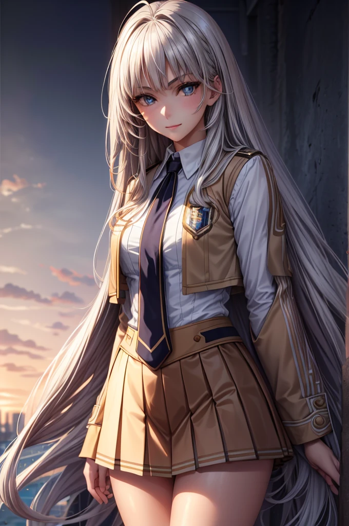 (masterpiece:1.3, Highest quality, Ultra-high resolution, Super detailed), (Realistic, photoRealistic:1.4), Beautiful illustrations, Perfect lighting, Natural light, Depth of written boundary, , 
Beautiful detailed hair, Beautifully detailed face, Beautiful attention to detail, Beautiful clavicle, Beautiful body, Beautiful breasts, Beautiful thighs, Beautiful feet, Beautiful Hands, 
View your viewers, (Face Focus), 1 Girl, high school girl, Alisa Kujou, (Perfect Anatomy, Anatomically correct), Cute and symmetrical face, Baby Face, Perfect Face, Perfect Eyes, Shiny skin, 
(Long Hair, Straight hair, Sideburns, Silver Hair), Crossed bangs, Ahoge, blue eyes, Slanted Eyes, Long eyelashes, (Medium chest, Captivating thighs), thin, Excellent style, 
(school uniform, Long sleeve light brown blazer, Grey vest, Grey pleated skirt with white lines, White collared shirt, White thigh-high socks with gold lines), Red bow tie, 
(Beautiful views), evening, (School classroom:1.2), (Cute smile, Part your lips), 