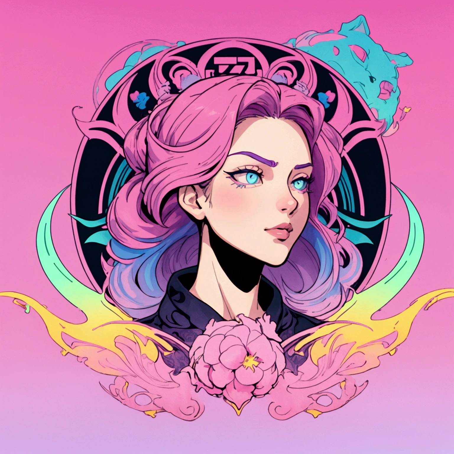 Logo; shading and gradients, Art Nouveau, vibrant colors and synthwave. Vector design, fine lines, central composition, smooth background, -air 1:1. Watercolor logo style with 3D puff printing effect. Dark and strong colors, monochromatic background, by yukisakura, with original and incredible colors."