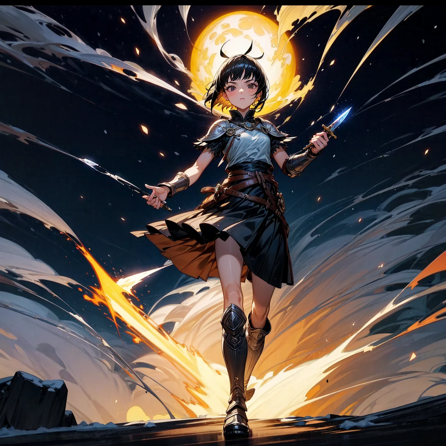 1girl, Full body version, 1character, girl version, black eyes color, short haircut, black colour hair, Ancient Roman style clothing, long skirt, ling boots, small armor body, Grassroots, background in snow, motion blur, (one piece style art), snow, knife in hand, standing gesture, fire, lighting knife, smoke effect, aura effect, lighting moon, Moonlight, fire aura, snow, blue lightning, Silhouette, knife light silhouette, moon 