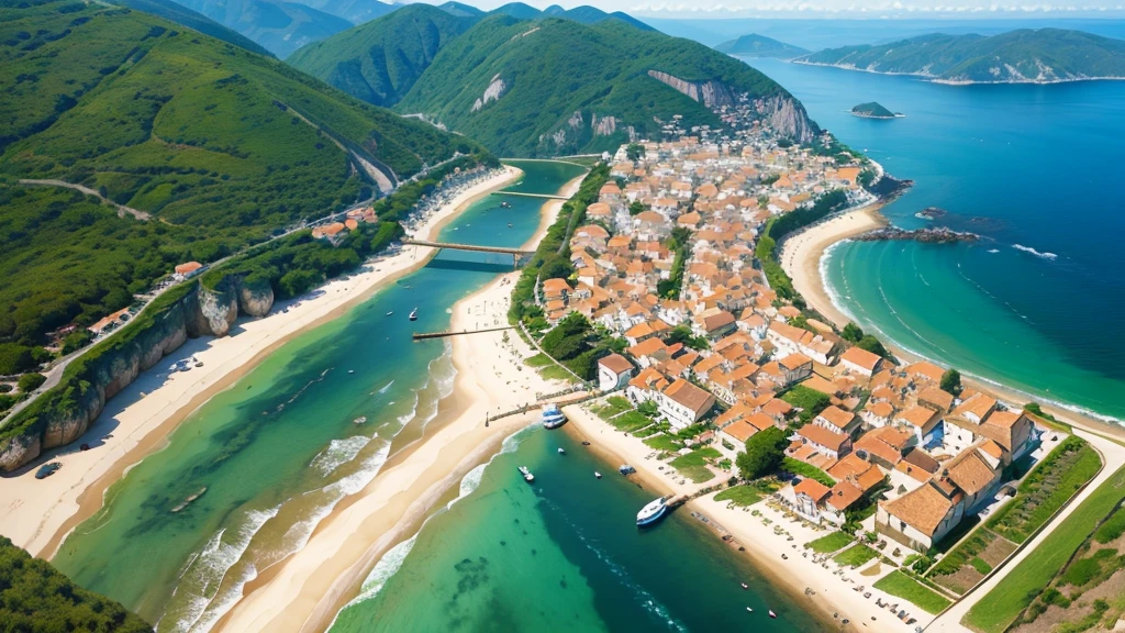 Beautiful scenery of ancient Portuguese village, Aerial view, Photorealistic photos, High definition. 