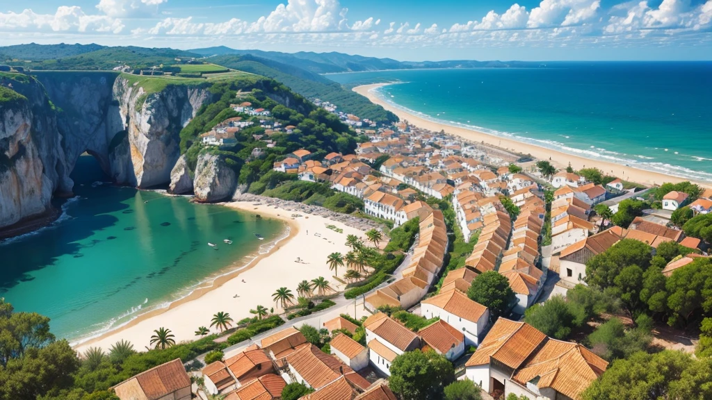 Beautiful scenery of ancient Portuguese village, Aerial view, Photorealistic photos, High definition.