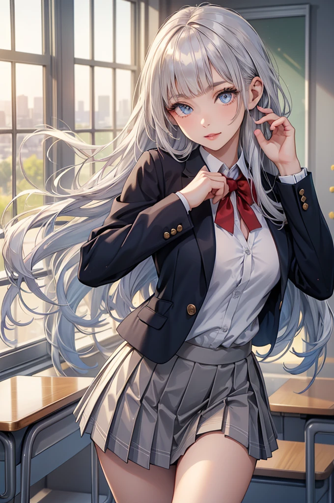 (masterpiece:1.3, Highest quality, Ultra-high resolution, Super detailed), (Realistic, photoRealistic:1.4), Beautiful illustrations, Perfect lighting, Natural light, Depth of written boundary, ,
Beautiful detailed hair, Beautifully detailed face, Beautiful attention to detail, Beautiful clavicle, Beautiful body, Beautiful breasts, Beautiful thighs, Beautiful feet, Beautiful Hands,
View your viewers, (Face Focus), 1 Girl, high school girl, Alisa Kujou, (Perfect Anatomy, Anatomically correct), Cute and symmetrical face, Baby Face, Perfect Face, Perfect Eyes, Shiny skin,
(Long Hair, Straight hair, Sideburns, Silver Hair), Crossed bangs, Ahoge, blue eyes, Slanted Eyes, Long eyelashes, (Medium chest, Captivating thighs), thin, Excellent style,
(school uniform, Long sleeve light brown blazer, Grey vest, Grey pleated skirt with white lines, White collared shirt, White thigh-high socks with gold lines), Red bow tie,
(Beautiful views), evening, (School classroom:1.2), (Cute smile, Part your lips),