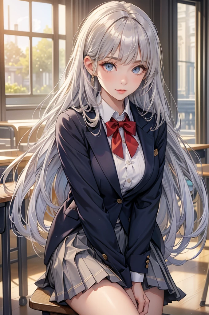 (masterpiece:1.3, Highest quality, Ultra-high resolution, Super detailed), (Realistic, photoRealistic:1.4), Beautiful illustrations, Perfect lighting, Natural light, Depth of written boundary, , 
Beautiful detailed hair, Beautifully detailed face, Beautiful attention to detail, Beautiful clavicle, Beautiful body, Beautiful breasts, Beautiful thighs, Beautiful feet, Beautiful Hands, 
View your viewers, (Face Focus), 1 Girl, high school girl, Alisa Kujou, (Perfect Anatomy, Anatomically correct), Cute and symmetrical face, Baby Face, Perfect Face, Perfect Eyes, Shiny skin, 
(Long Hair, Straight hair, Sideburns, Silver Hair), Crossed bangs, Ahoge, blue eyes, Slanted Eyes, Long eyelashes, (Medium chest, Captivating thighs), thin, Excellent style, 
(school uniform, Long sleeve light brown blazer, Grey vest, Grey pleated skirt with white lines, White collared shirt, White thigh-high socks with gold lines), Red bow tie, 
(Beautiful views), evening, (School classroom:1.2), (Cute smile, Part your lips), 