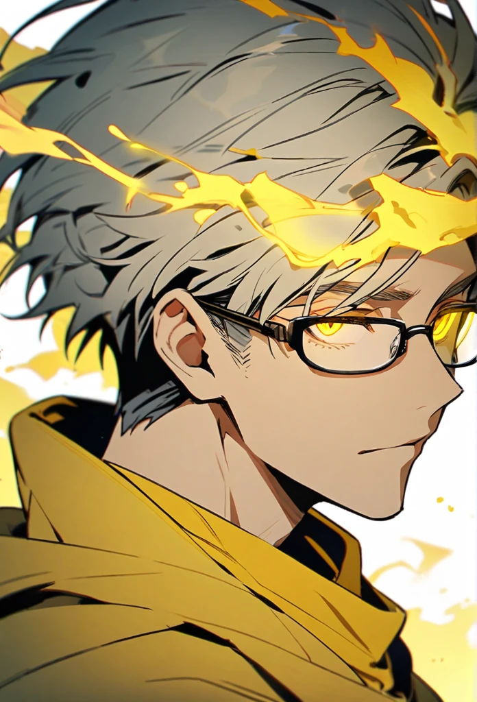 Male, solo, handsome, yellow eyes, glowing eyes, short hair, grey hair, yellow cloak, glasses cover 1 eye, yellow aura, side view