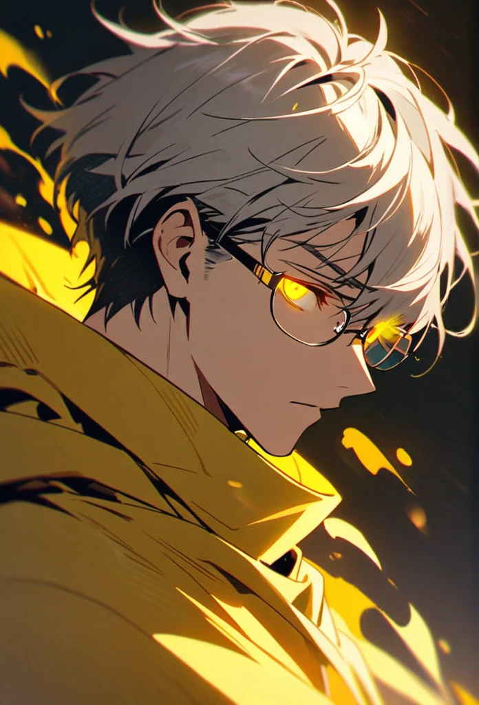 Male, solo, handsome, yellow eyes, glowing eyes, short hair, grey hair, yellow cloak, glasses cover 1 eye, yellow aura, side view