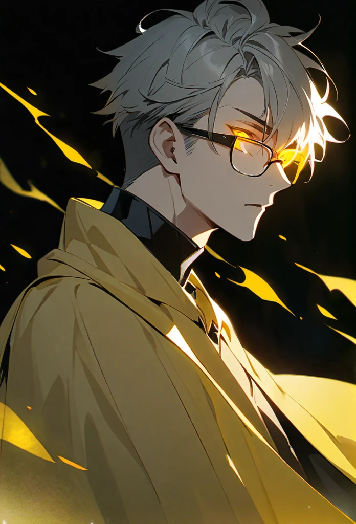 Male, solo, handsome, yellow eyes, glowing eyes, short hair, grey hair, yellow cloak, glasses cover 1 eye, yellow aura, side view