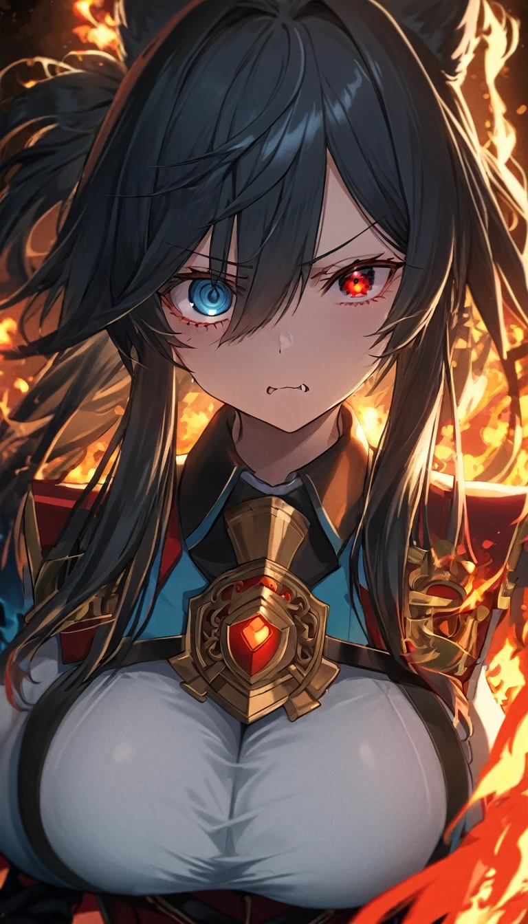 a beautiful blue and black kitsune, big breasts, long black hair, slim waist, detailed portrait, intricate details, dramatic lighting, elegant, sensual, long white tail, heterochromia (one blue eye, one red eye), His eyes would shine brightly, Surrounded by red energy fireflies, Wearing a armor, angry,