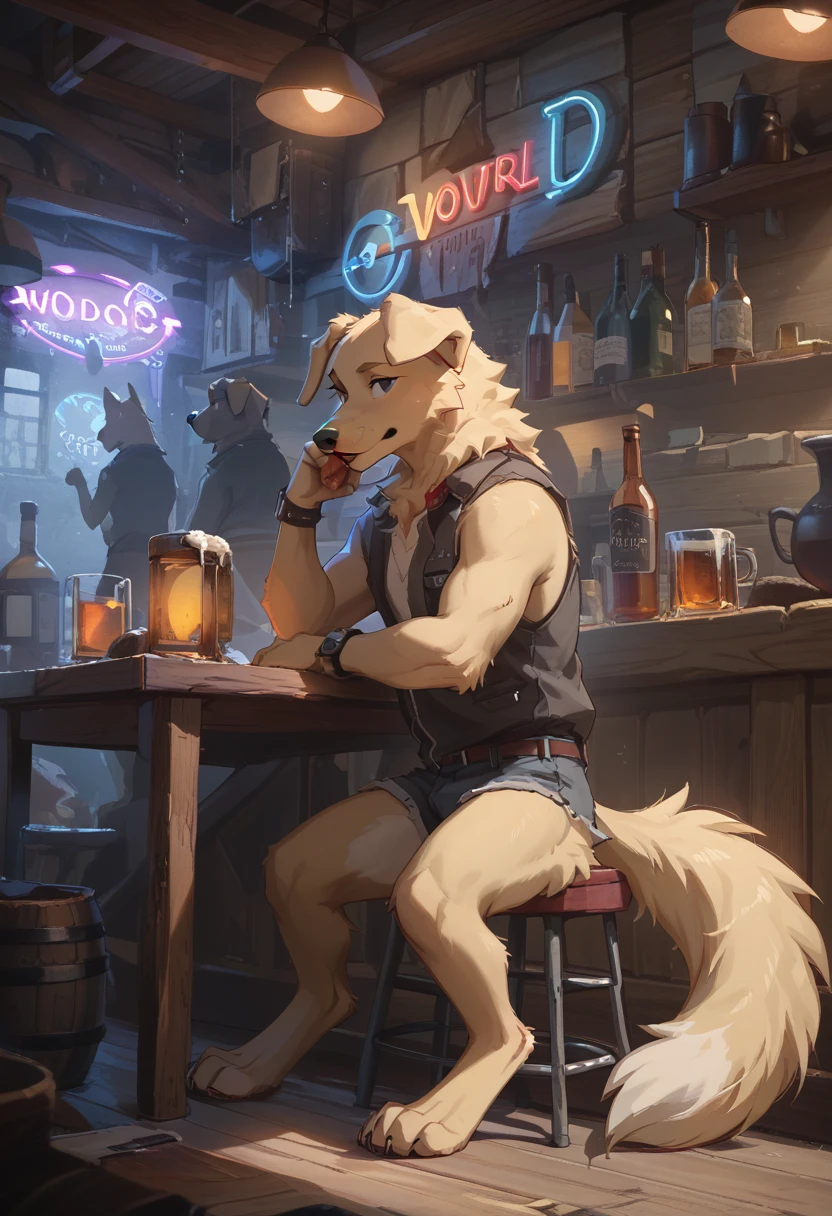 （Furry、Sitting with dog friend）Retriever、beige fur、Fluffy tail、seems kind、Dark Tavern、Neon Light、Whiskey Rock、counter