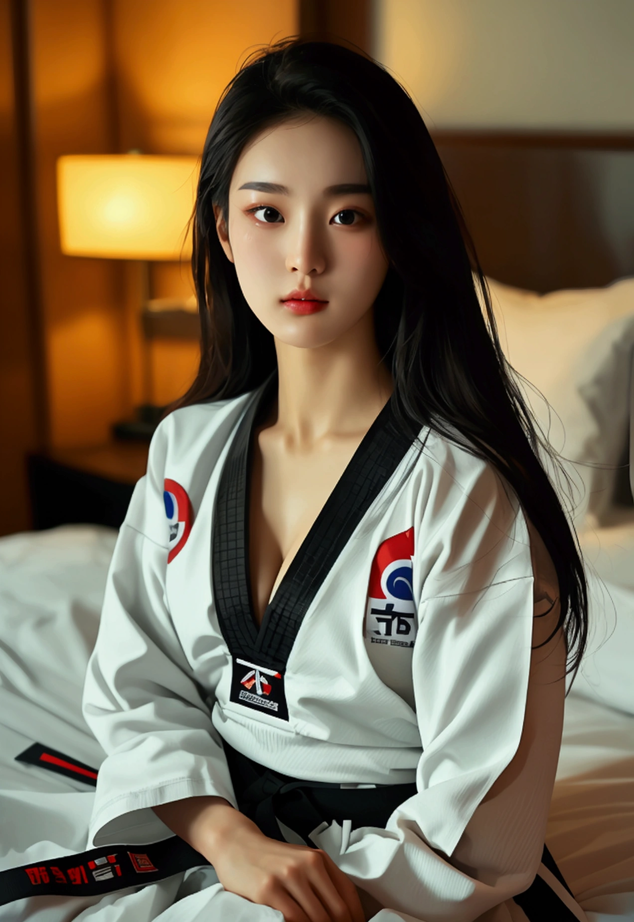 masterpiece, ultra details, best quality, 1 sexy korean taekwondo girl, masterpiece, ultra details, best quality, black long straight hair, wearing white World Taekwondo Federation dobok uniform with black v-neck, wearing taekwondo blackbelt, wearing white martial arts pants without pockets, large butt, large breasts, laying on hotel bed, sweat on face