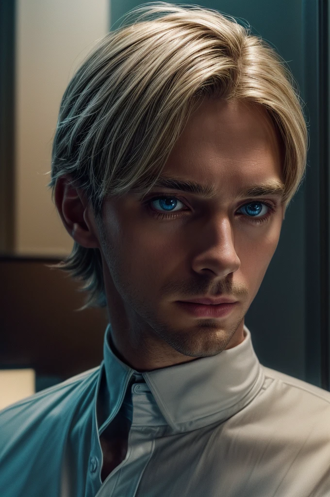 ((1man, male, solo, portrait, close up, light blond hair, light blue eyes, CEO, strict, handsome)office background, curious expression) (Masterpiece, super detailed, 8K, (High-Definition, Sunlight:0.5, Soft_Shadows:0.5, Atmospheric_lighting, 8k, 4k, hyper-realistic, elegant, ((((cinematic appearance)))), soft tones, soft cinematic lights))