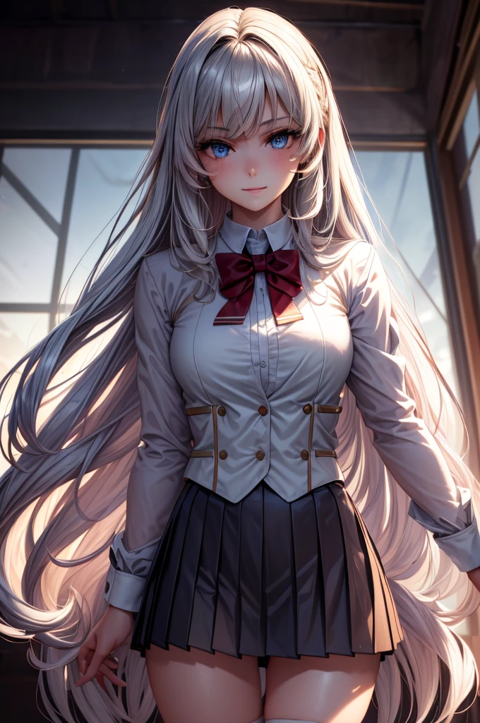 (masterpiece:1.3, Highest quality, Ultra-high resolution, Super detailed), (Realistic, photoRealistic:1.4), Beautiful illustrations, Perfect lighting, Natural light, Depth of written boundary, , 
Beautiful detailed hair, Beautifully detailed face, Beautiful attention to detail, Beautiful clavicle, Beautiful body, Beautiful breasts, Beautiful thighs, Beautiful feet, Beautiful Hands, 
View your viewers, (Face Focus), 1 Girl, high school girl, Alisa Kujou, (Perfect Anatomy, Anatomically correct), Cute and symmetrical face, Baby Face, Perfect Face, Perfect Eyes, Shiny skin, 
(Long Hair, Straight hair, Sideburns, Silver Hair), Crossed bangs, Ahoge, blue eyes, Slanted Eyes, Long eyelashes, (Medium chest, Captivating thighs), thin, Excellent style, 
(school uniform, Long sleeve light brown blazer, Grey vest, Grey pleated skirt with white lines, White collared shirt, White thigh-high socks with gold lines), Red bow tie, 
(Beautiful views), evening, (School classroom:1.2), (Cute smile, Part your lips), 