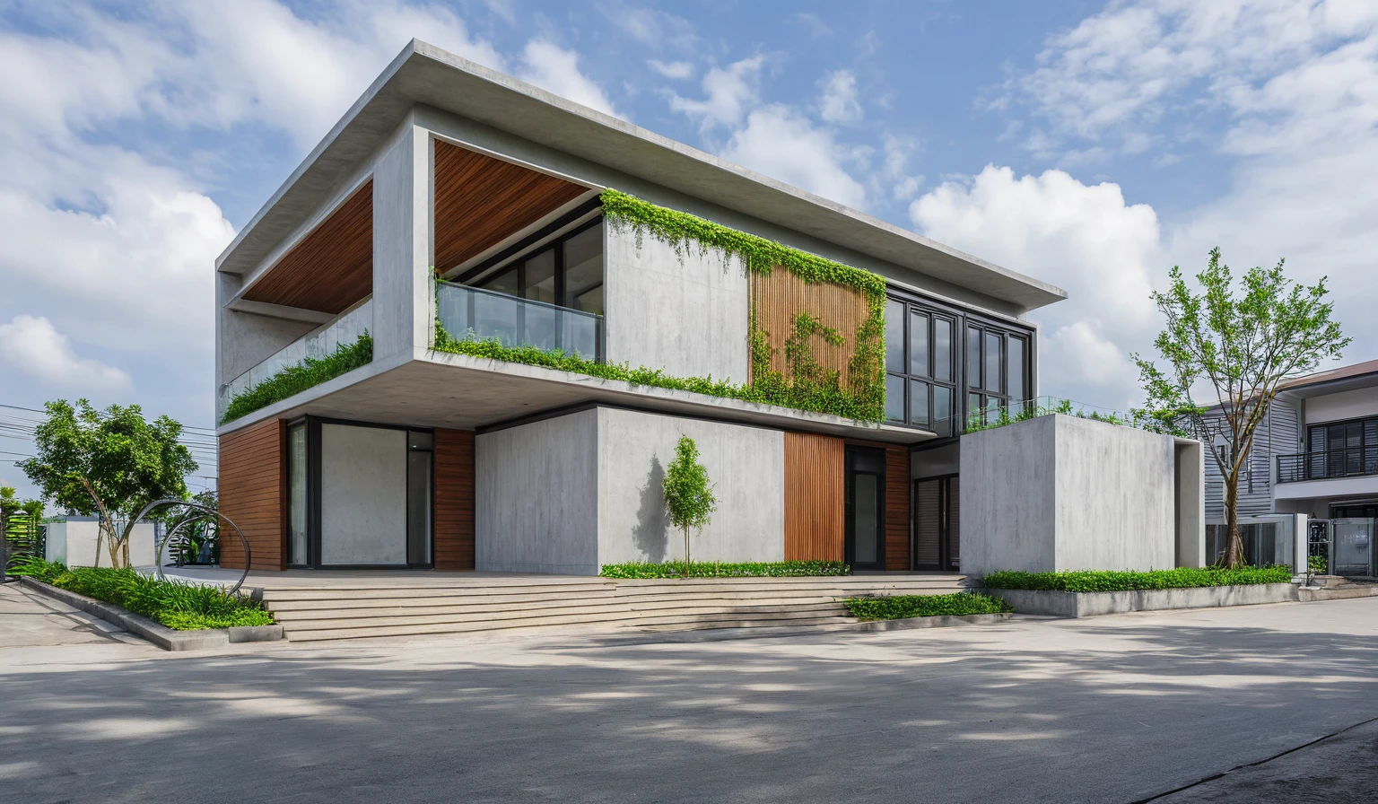 exterior of house, modern, townhouse, Modern house gate, minimalistic, the house is located in an urban area of Hanoi Vietnam, wall concrete gray and wood, facing the road, plant and tree, sidewalks, sidewalk trees, corona render, 3ds max, wide view, overcast sky, a moody foggy environment, sunny cinematic, natural light
