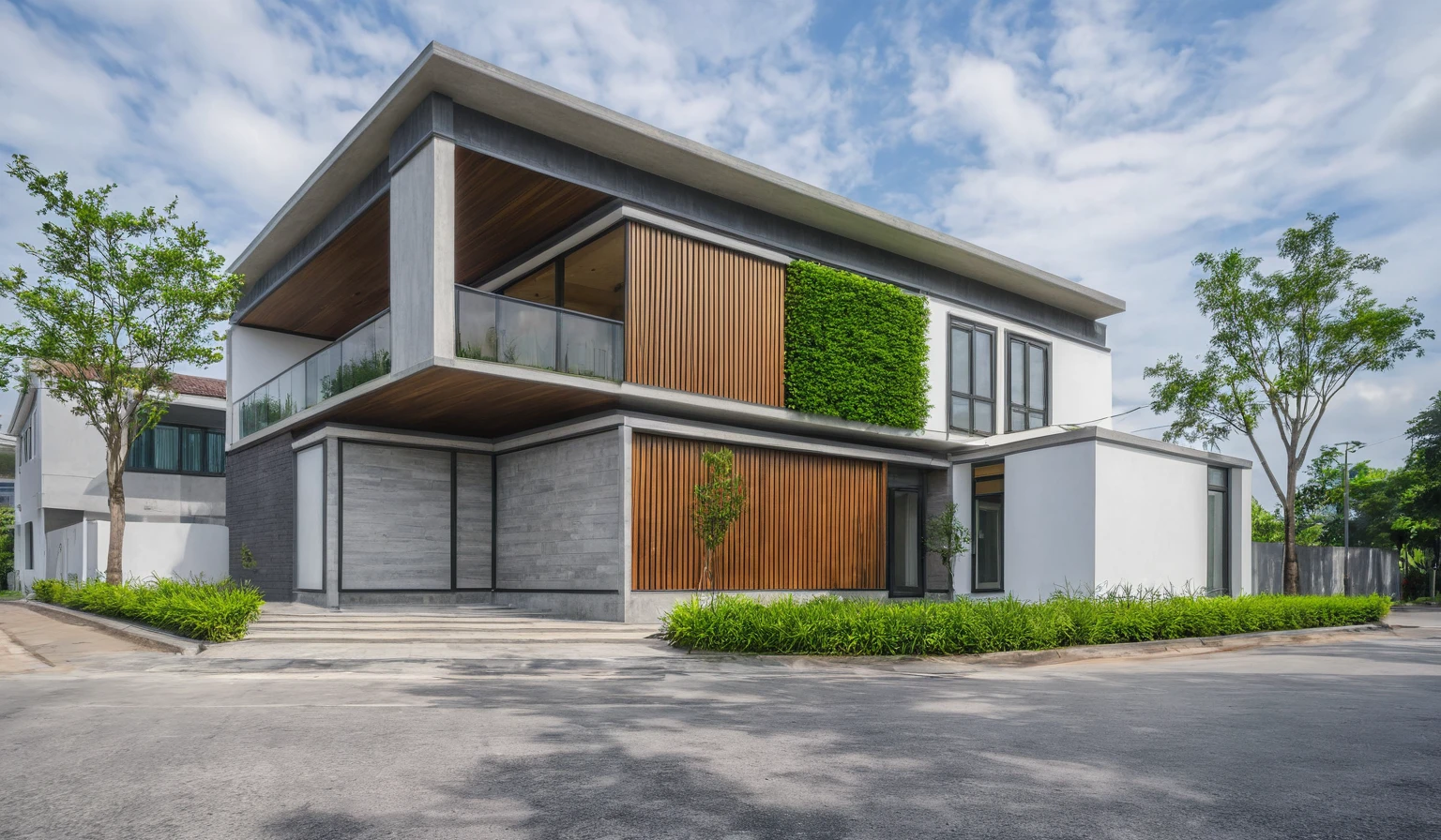 exterior of house, modern, townhouse, Modern house gate, minimalistic, the house is located in an urban area of Hanoi Vietnam, wall concrete gray and wood, facing the road, plant and tree, sidewalks, sidewalk trees, corona render, 3ds max, wide view, overcast sky, a moody foggy environment, sunny cinematic, natural light
