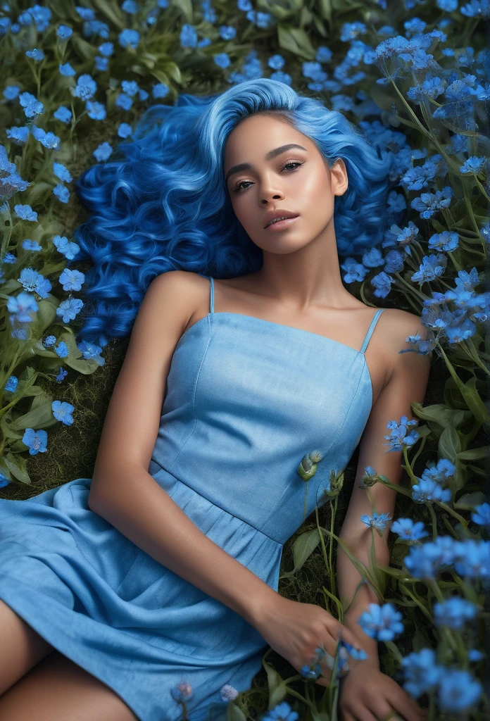 A beautiful biracial woman,full body, blue hair, light blue eyes, lay on field of blue Flower, blue powder, view from the back (best quality,4k,8k,highres,masterpiece:1.2),ultra-detailed,(realistic,photorealistic,photo-realistic:1.37),HDR,UHD,studio lighting,ultra-fine painting,sharp focus,physically-based rendering,extreme detail description,professional,vivid colors,bokeh,photography,cool colors,dramatic lighting