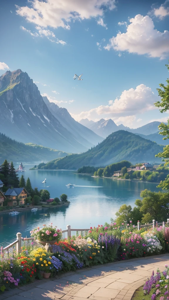 villa, Flowers by the fence, Roadside fence, Mountain landscape with lake and boats, Birds flying in the blue sky, Illustration Matte Paint, Thomas Kinkade (Thomas Kinkade) of inspiration, Symmetrical matte paint, Detailed scenery , Original style, 8K ultra-fine