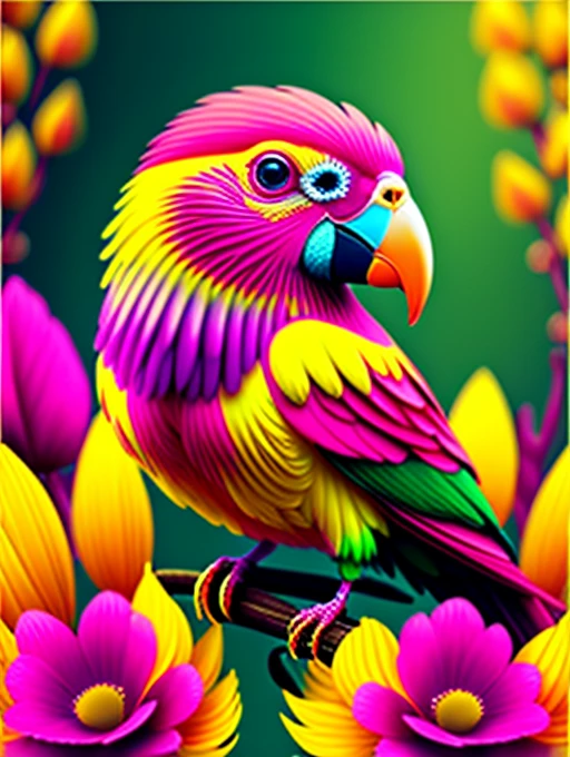 pink flowers, CGI Art, red-yellow color, surreal parrot, Pinterest, photorealistic art style, rich colors, AI-generated images, high detailed portrait, bird sitting on a branch singing to you, breathtaking rendering