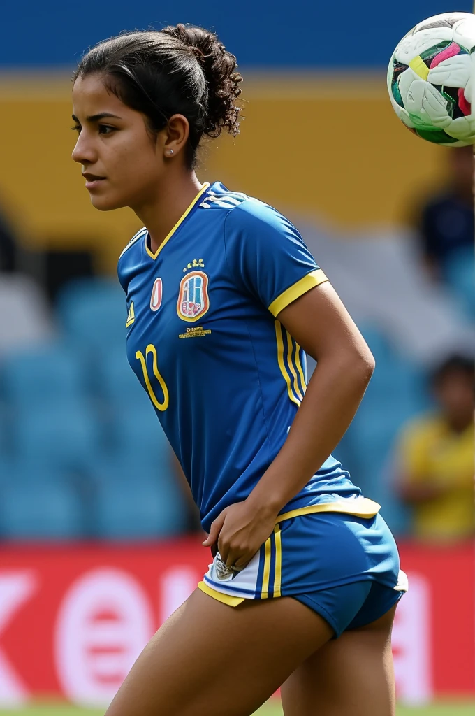 A girl with the Colombian national team shirt and who says her name on the back, which is Yesica, who has short hair and white skin