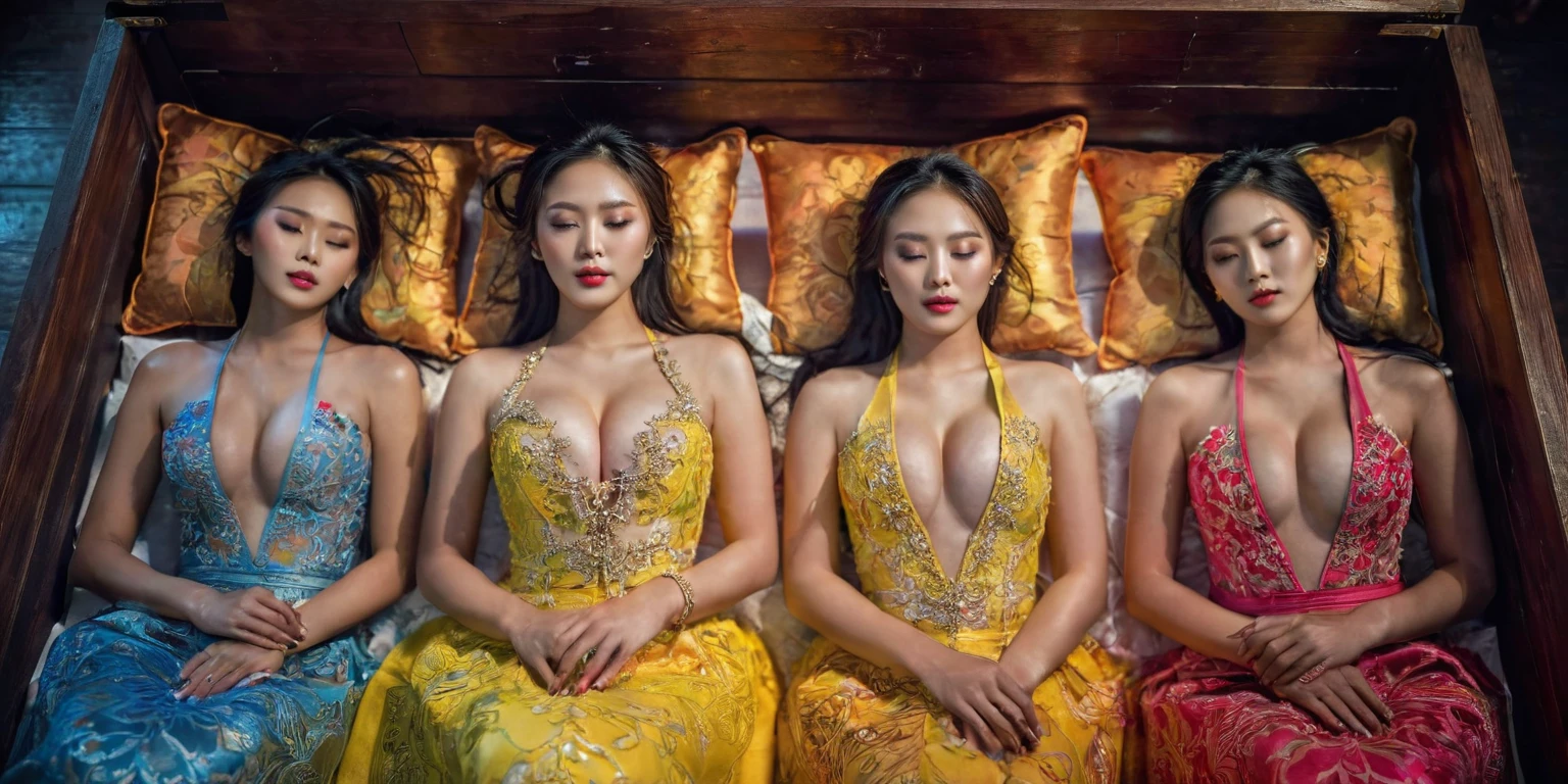 In a striking 8K HDR scene, a stunning Korean woman, 22 years old, lies peacefully in a black coffin surrounded by plush pillows. The deep box is set against a rich black background, accentuating the beauty of the subject. Her exquisite deep-V neckline kebaya attire is embroidered with superb detail, showcasing her round and firm breasts, perfect cleavage, and beautiful eyebrows. Her closed eyes and mouth give an air of serenity, while her visible and absolute cleavage leave nothing to imagination. The scene is bathed in saturated colors, highlighting every intricate aspect from the ball skirt to her clean face, straight body, detailed hand perfect hands, straight body, own hands together, own hand on stomach, detailed hands, perfect hands.